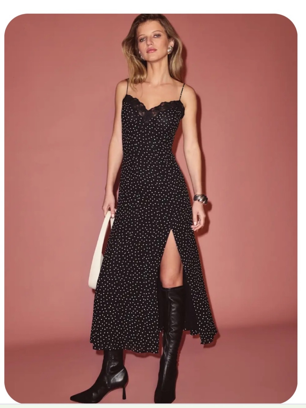 Reformation Black with White Polka Dots Lace-Trim Midi Slip Dress w/Split Sz 4 - Picture 10 of 15